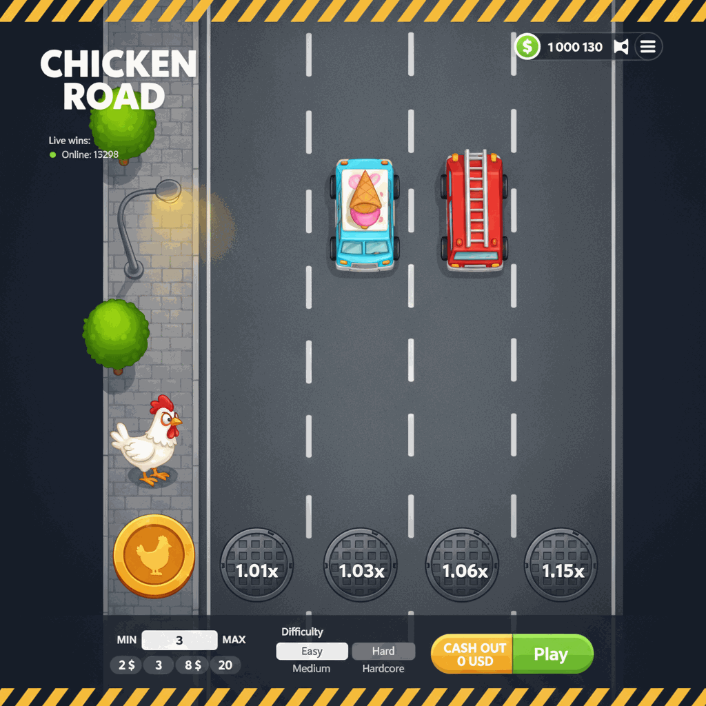 Chicken Road: gallina cartoon attraversa una strada a più corsie con auto in arrivo, gioco crash istantaneo di InOut Games con moltiplicatori crescenti visualizzati su ogni corsia, grafica colorata in stile top-down con semafori e ambiente urbano